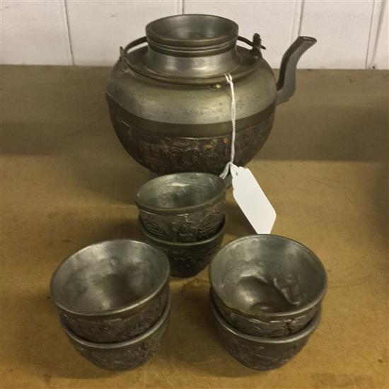 Oriental metalware tea pot & 6 cups